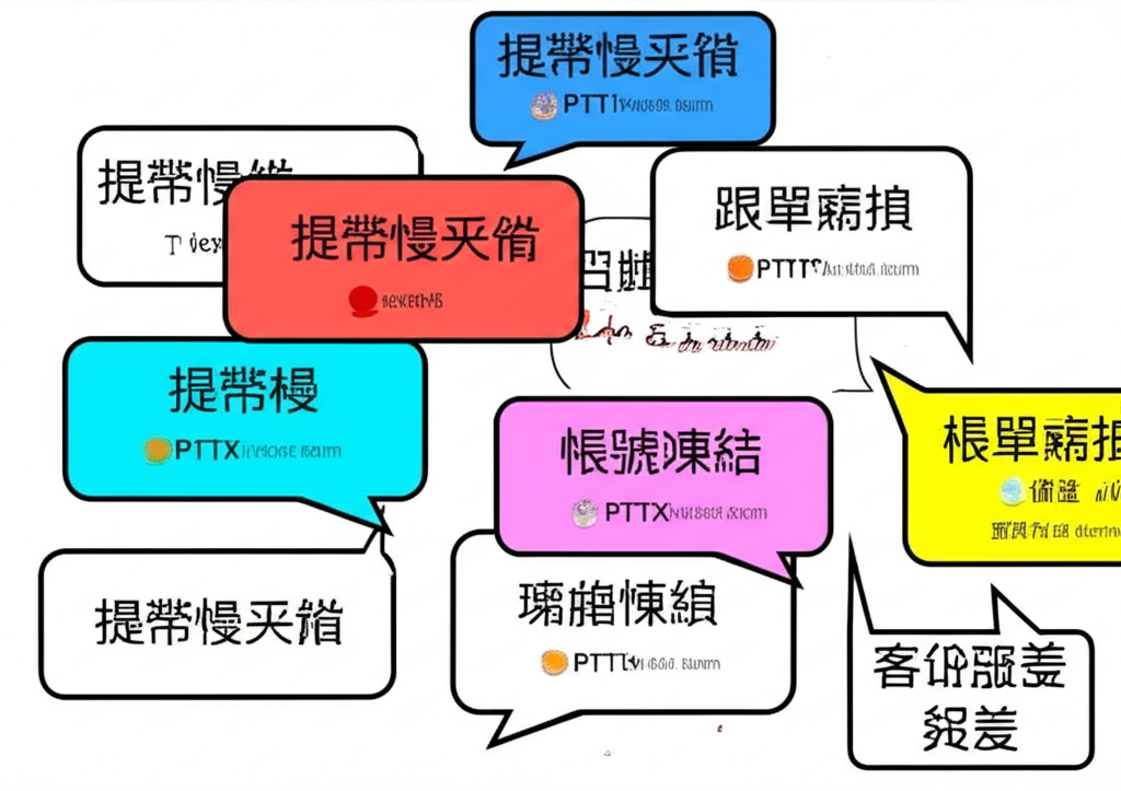插圖:PTT使用者的對話氣泡交織成數位討論場景,內容包含出金緩慢、帳戶凍結、跟單虧損與客服無效等常見抱怨
