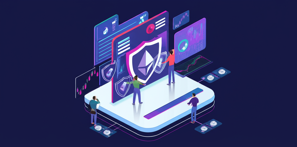 安全的加密貨幣交易所平台，多層防護機制與用戶在數位市場中導航的插畫風格示意圖