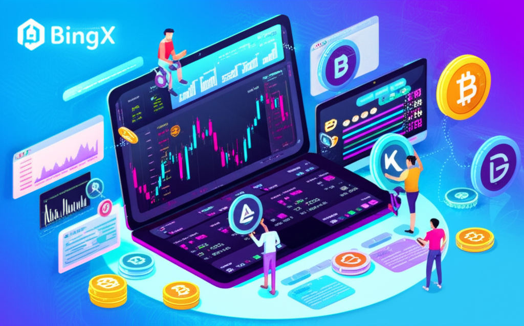 BingX 全球加密貨幣交易所跟單交易插圖,展示用戶參與圖表與數位資產的創新安全平台