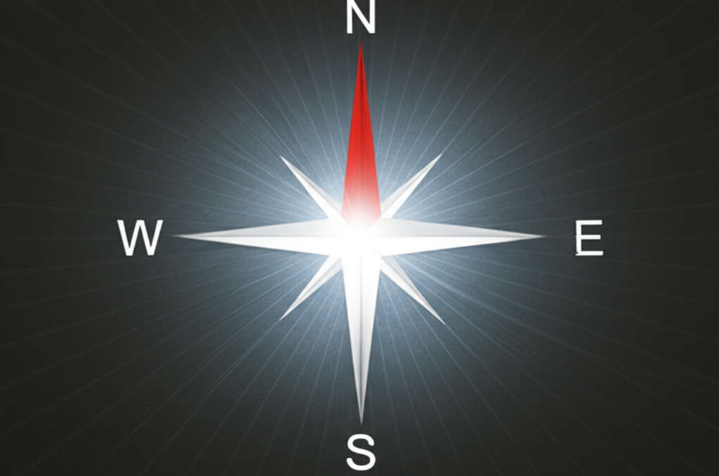 插圖:一個明亮的光點或指南針指針筆直向前,象徵作為所有創意寫作起點的清晰核心主題