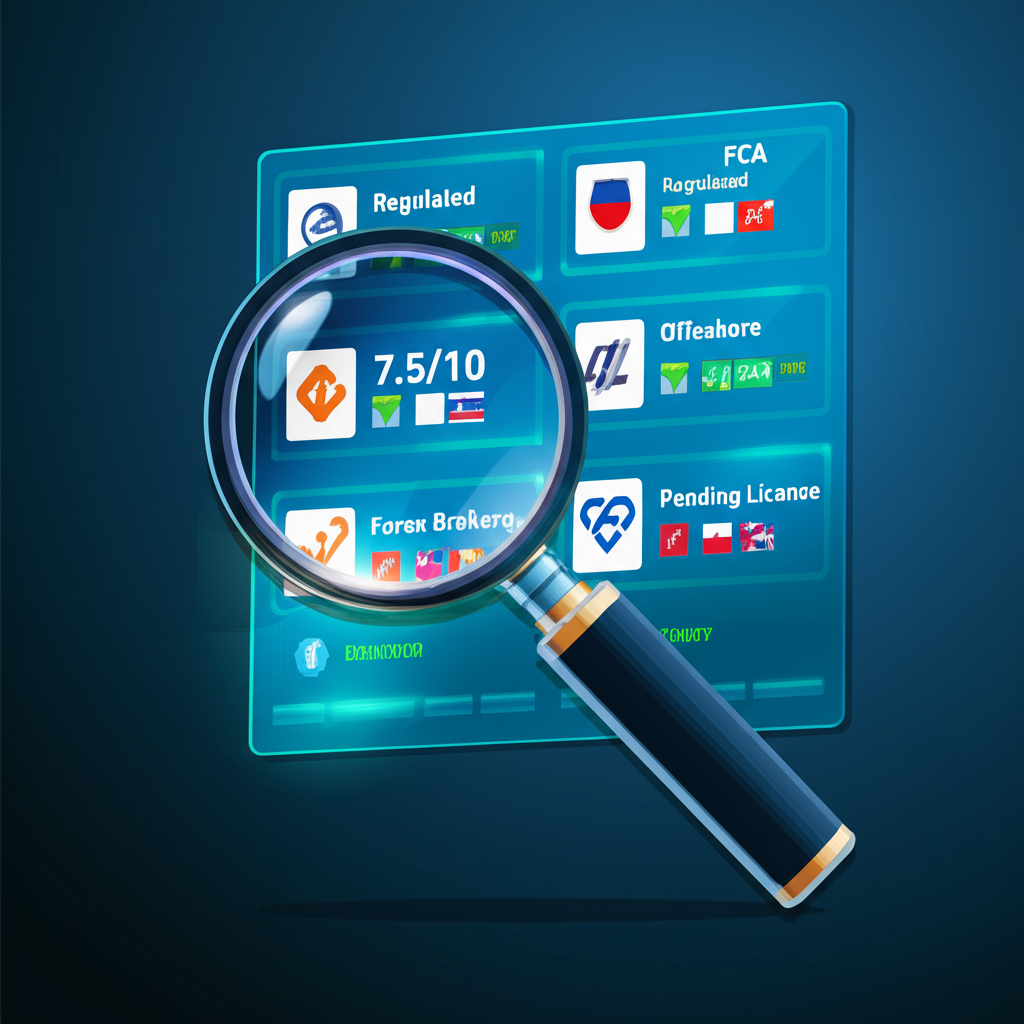 An illustration of a digital magnifying glass examining various forex brokers with different scores and regulatory statuses on a screen symbolizing data analysis and risk assessment for investors