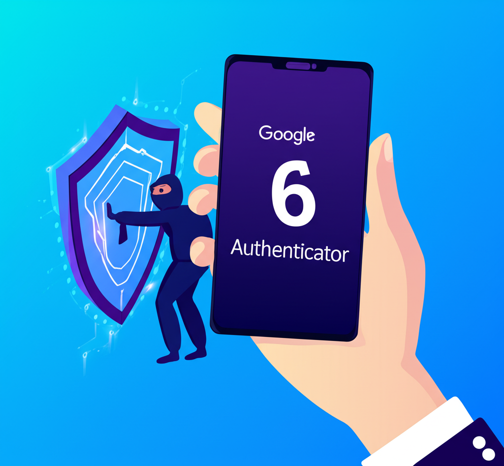 Smartphone with Google Authenticator code blocking hacker with digital shield against phishing and malware