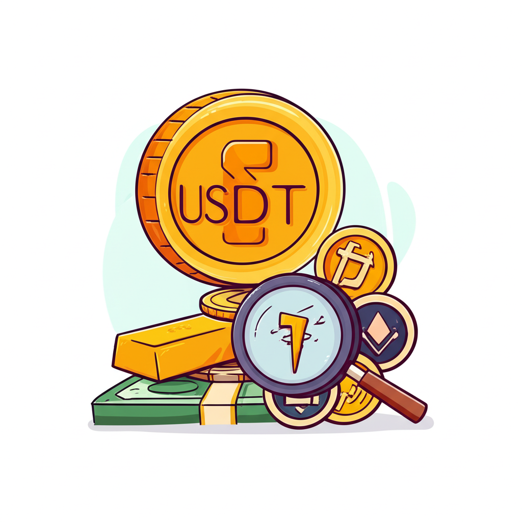 USDT穩定幣平衡在現金、黃金和數位代幣等資產堆疊上的插圖,一把放大鏡檢查儲備