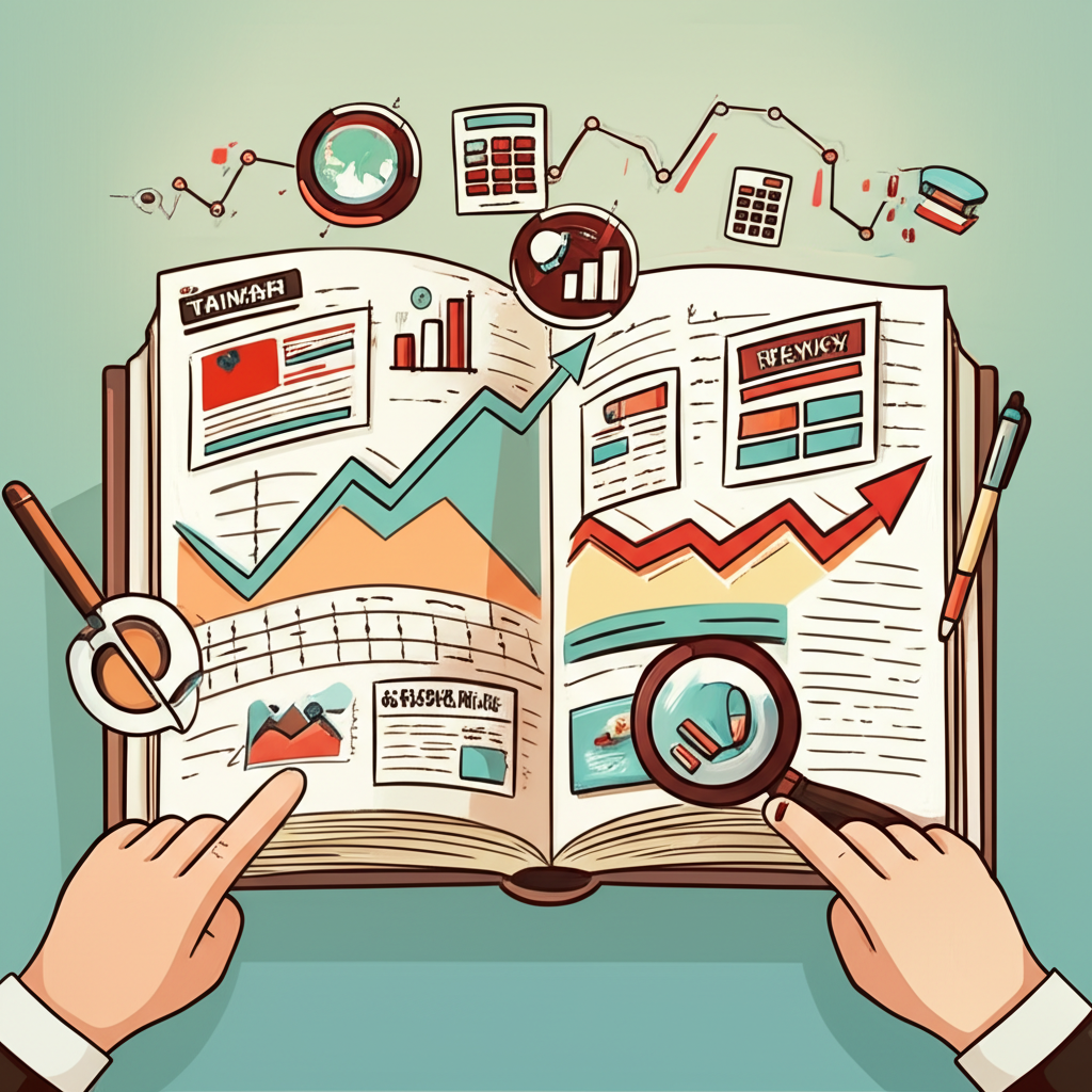 敞開的書本展現台股指數歷史圖表,手指指向影響市場波動的內外部因素與數據分析工具