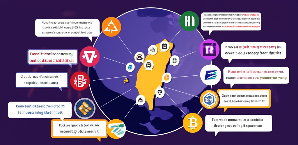 地圖呈現台灣與全球的連結,各主要加密貨幣交易所圖示散佈其上,周圍環繞多元使用者的對話氣泡,討論在地與國際平台的特色與優缺點