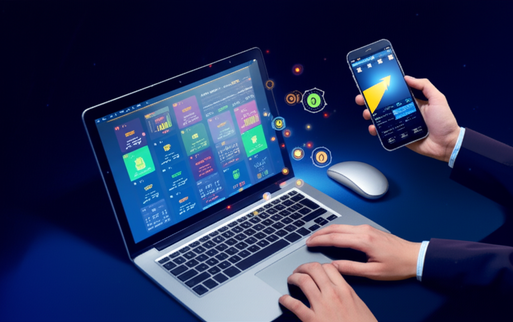 A person navigating the digital currency world with a laptop and phone showing crypto interfaces a secure and flexible path but also potential risks an illustration