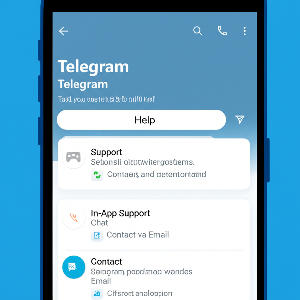 使用者在Telegram App介面導航至支援區,手機顯示設定選單並箭頭指向提問選項,代表直接App內支援
