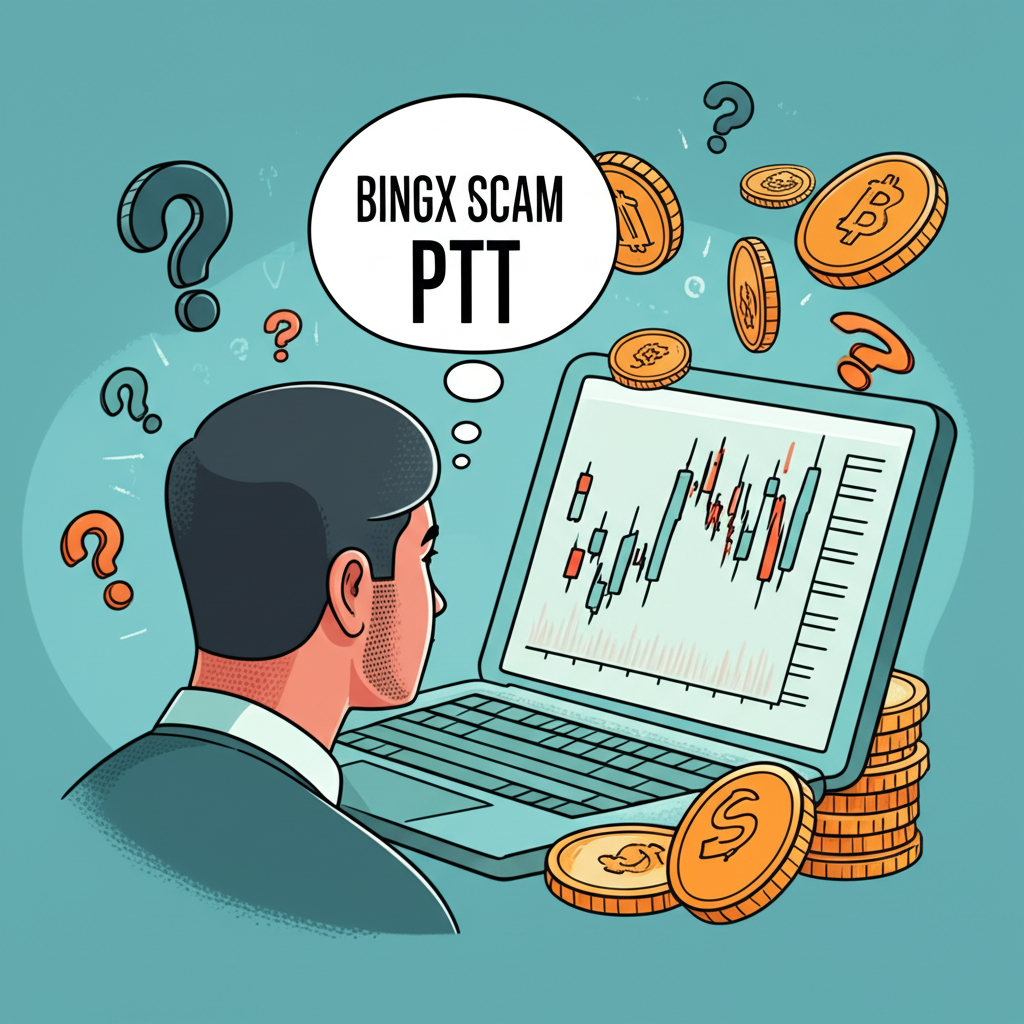 插圖:一位投資者看著螢幕上的加密貨幣走勢圖,腦中浮現BingX詐騙PTT的疑慮,周圍環繞問號與虛擬貨幣,象徵投資焦慮與安全擔憂