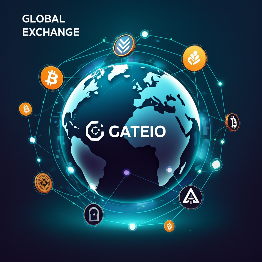 Gate.io 全球加密貨幣交易所平台概念圖，展現多元數位資產與安全交易連結全球用戶