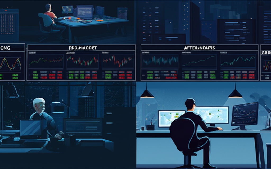 illustration of a timeline depicting pre-market regular and after-hours trading segments with a split screen showing an investor in Asia trading stocks at night