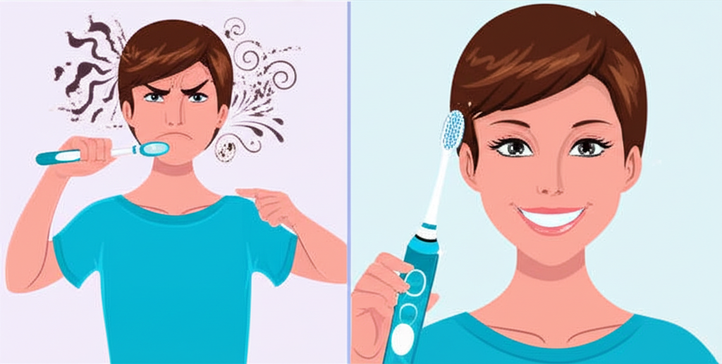 illustration of a person struggling with a manual toothbrush frustrated by plaque and bad breath then a bright happy person confidently smiling with a sparkling electric toothbrush clean teeth and healthy gums