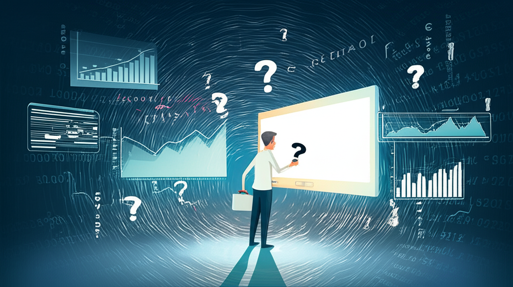 插圖：投資者在複雜的金融市場中尋找像 Mitrade 這樣安全可靠的交易平台，周圍環繞著各種數據與圖表，對安全性與合法性充滿疑問