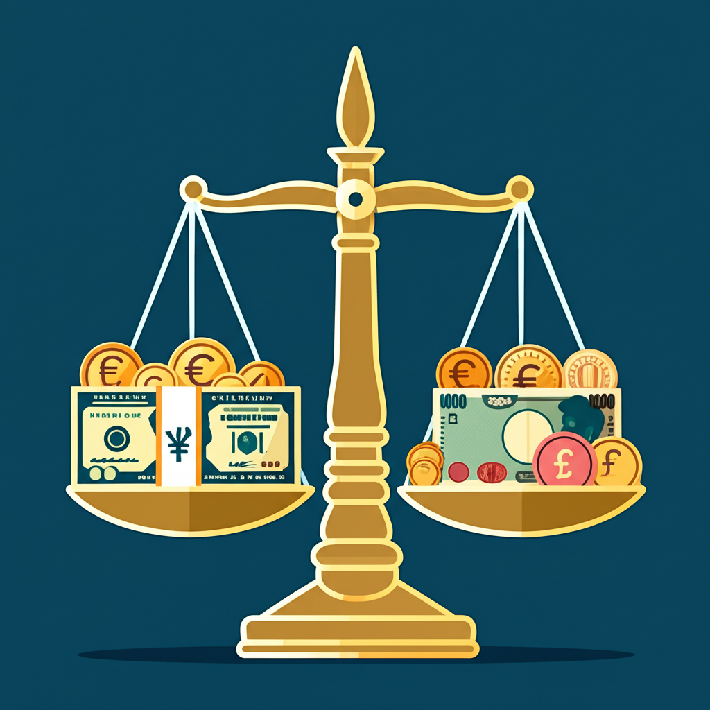 美元指數組成示意圖,天平一側為美元,另一側為歐元、日圓、英鎊等六種主要貨幣,顯示其加權比重關係