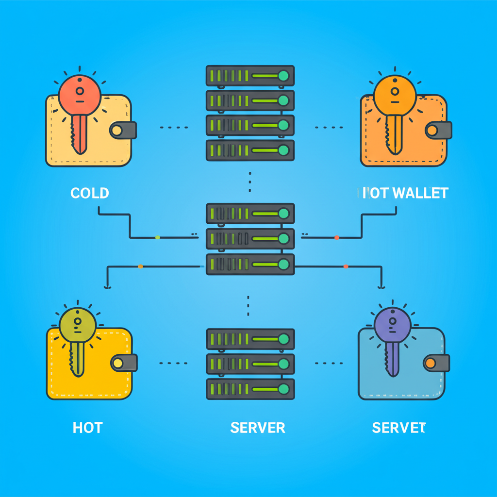 冷錢包與熱錢包分離，搭配多重簽名技術保護數位資產的伺服器插畫風格示意圖
