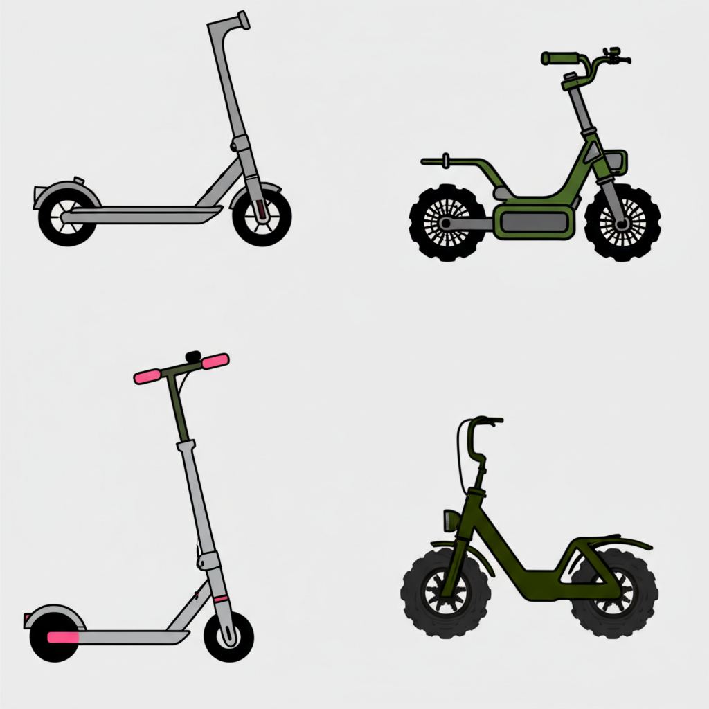 不同情境電動滑板車推薦插圖,包括城市通勤、休閒短途與越野冒險款式