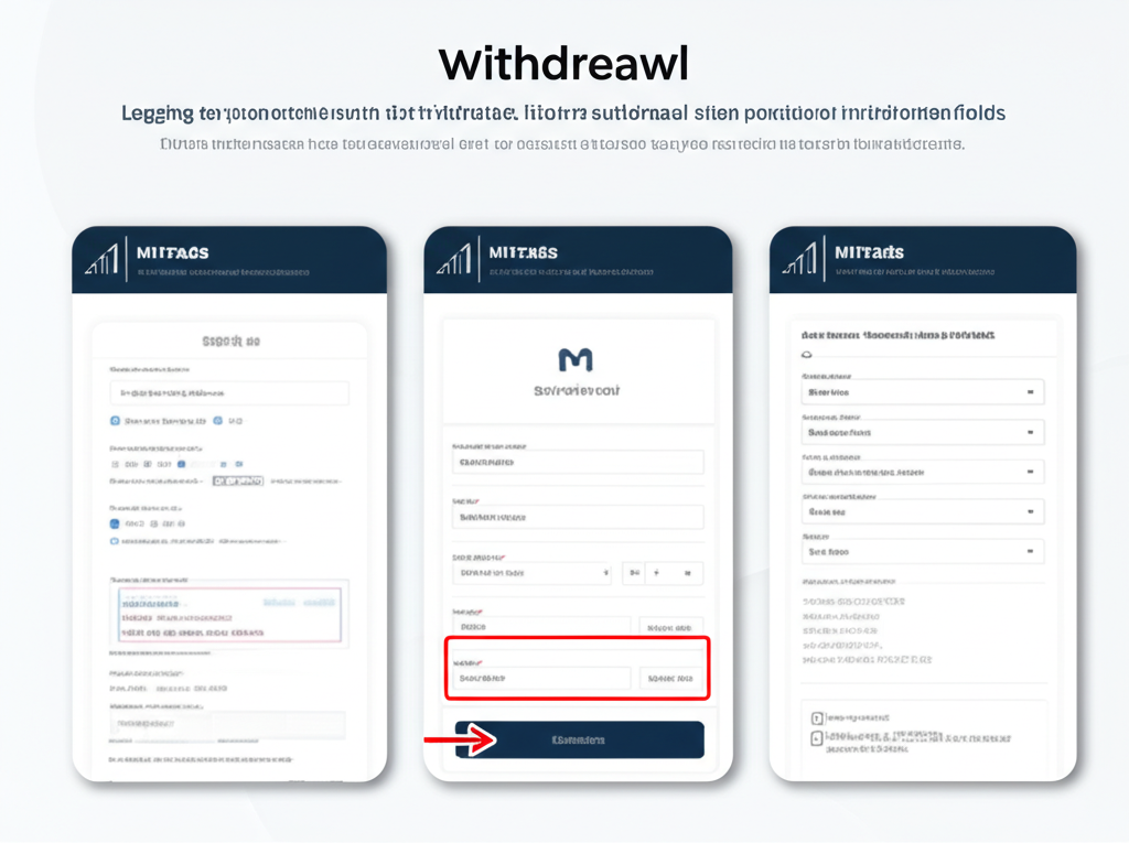 Mitrade出金操作步驟示意圖,展示從登入到提交申請的完整流程