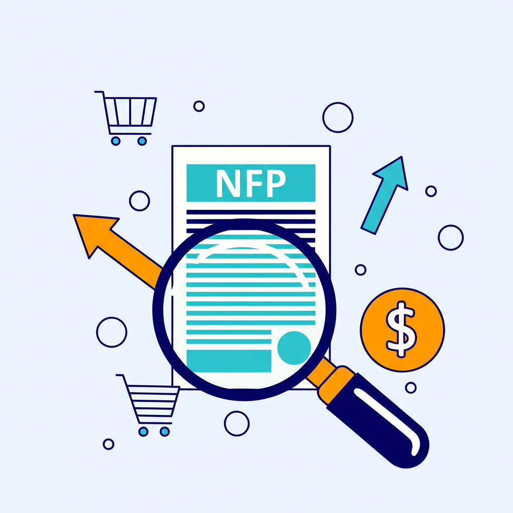 放大鏡聚焦標記NFP的文件,周圍環繞經濟符號如上升箭頭代表成長、購物車代表消費和美元符號代表貨幣,象徵其深刻的經濟意義