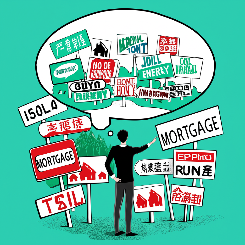 illustration of a person standing in front of multiple confusing mortgage signs with a thought bubble showing a simplified clear path to home ownership and financial stability in Taiwan