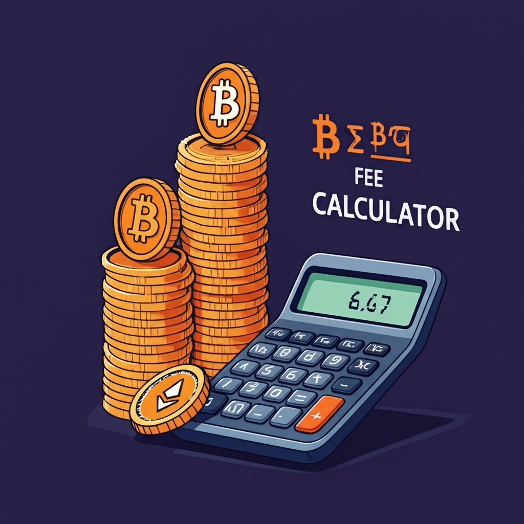 計算器顯示手續費公式,伴隨加密貨幣符號與穩定幣及加密幣堆疊,代表U本位與幣本位合約