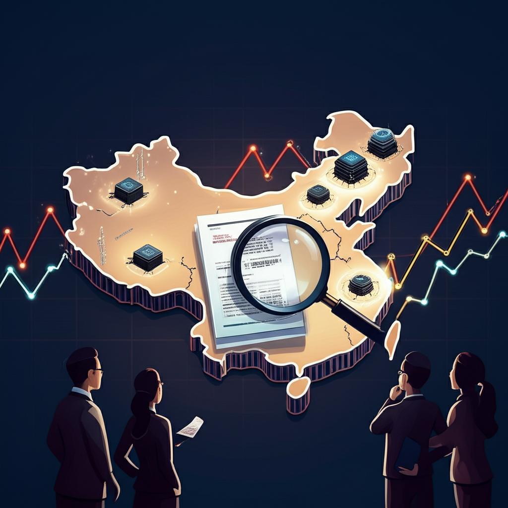全球金融市場趨勢插圖,中國地圖上閃耀的科技樞紐象徵成長機會,放大鏡聚焦新光恆生科技指數基金文件,台灣投資人注視其中