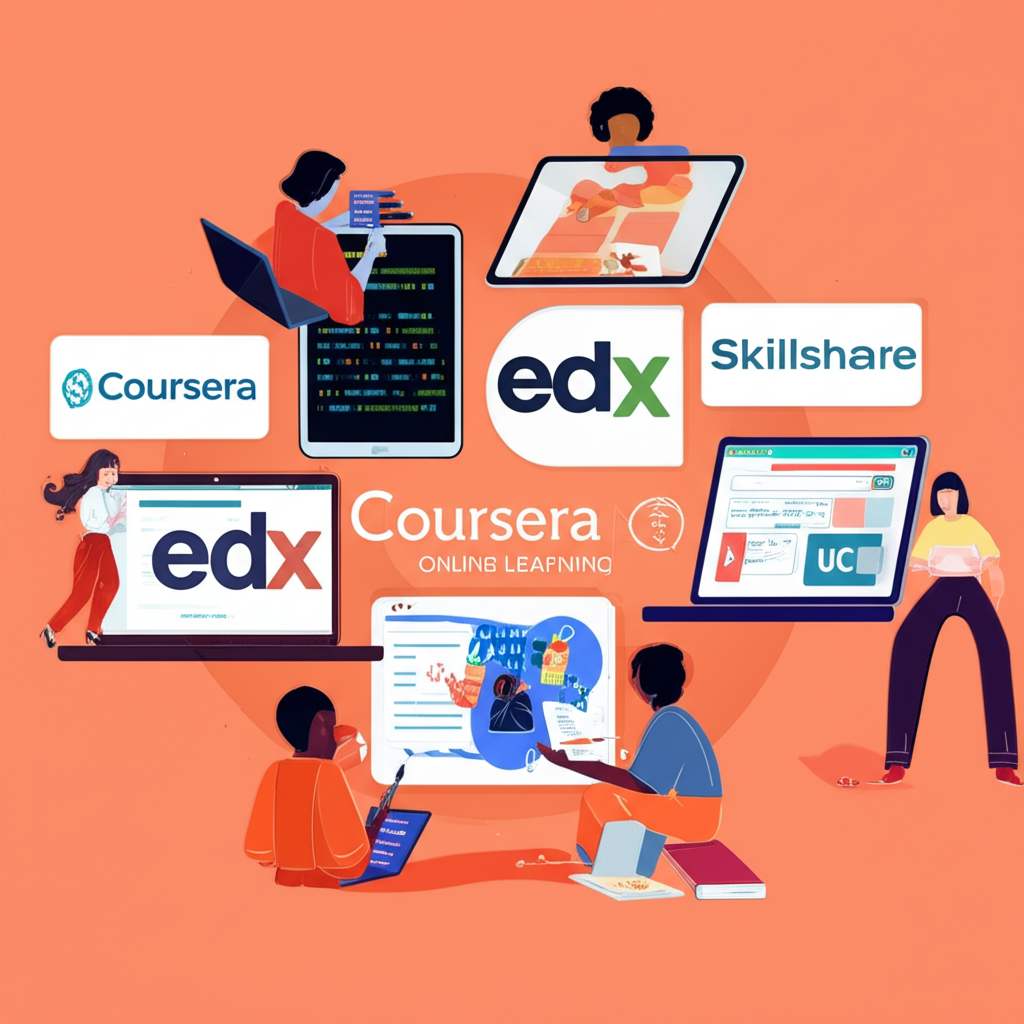國際線上學習平台標誌拼貼圖,包括 Coursera、Udemy、edX 等,顯示全球學生從事程式、藝術和商業等學習活動
