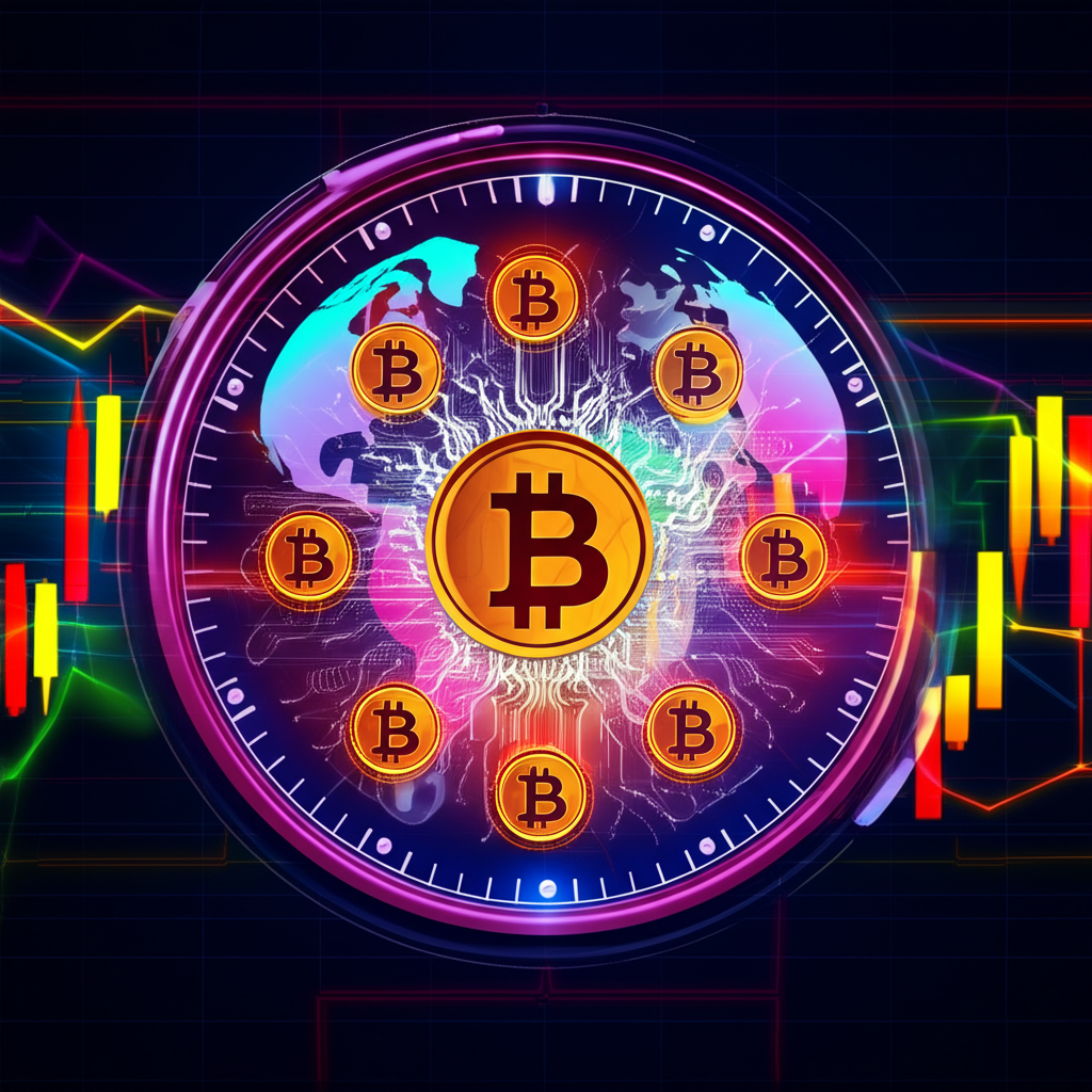 全球時鐘與比特幣符號的插圖,展示24/7交易如何顛覆傳統金融市場,提供靈活且即時的操作,以充滿活力的數位風格呈現