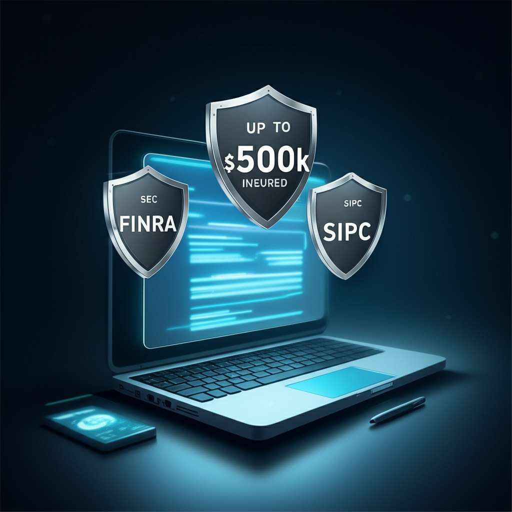 安全財務平台插圖,顯示SEC、FINRA和SIPC監管盾牌,保護投資人資產高達50萬美元免於券商破產,強調信任與安全