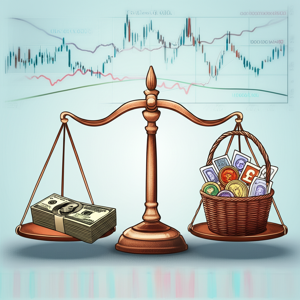 天平一側為美元，另一側為國際貨幣籃子，代表美匯指數DXY的加權平均概念