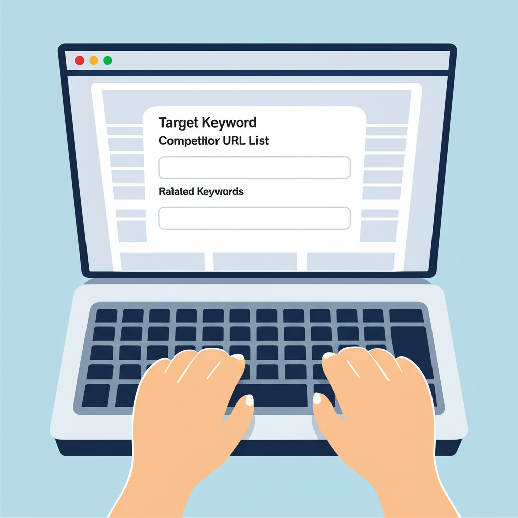 User typing on keyboard with input form for target keyword, competitor URL list, and related keywords