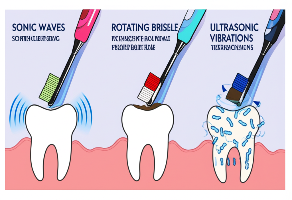 illustration showcasing different electric toothbrush technologies sonic waves cleaning teeth rotating bristles effectively removing plaque and ultrasonic vibrations breaking down bacteria chains for comprehensive oral hygiene