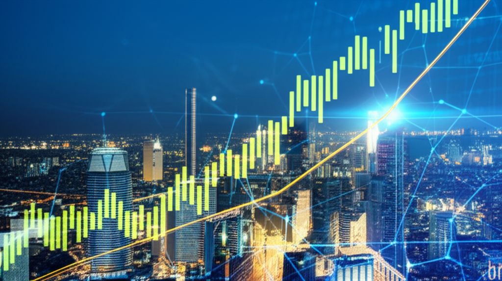 Forex charts, city skyline, digital growth