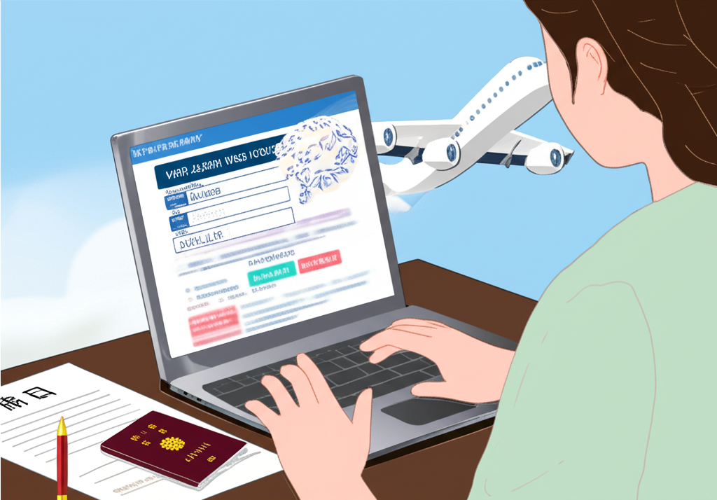 旅客使用電腦填寫 Visit Japan Web 表格,旁邊放著日本護照與文件,背景有飛機起飛插圖