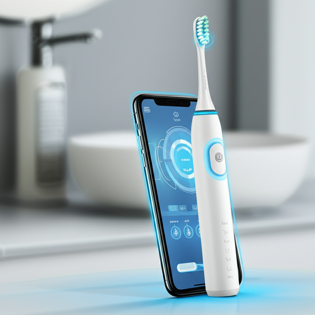 智能電動牙刷與手機 App 連動,引導用戶正確刷牙的現代生活場景