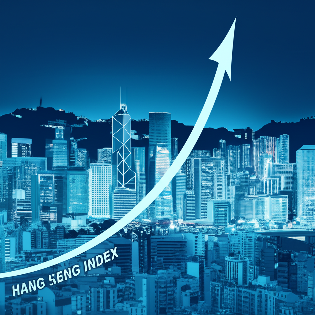 恆生指數歷史高位圖表,背景為繁榮的香港城市景觀與全球經濟增長及自信投資者