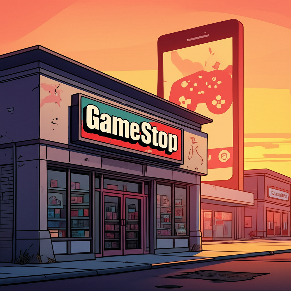 GameStop 實體遊戲店面在數位下載與電商巨頭壓力下的掙扎,象徵夕陽產業的困境
