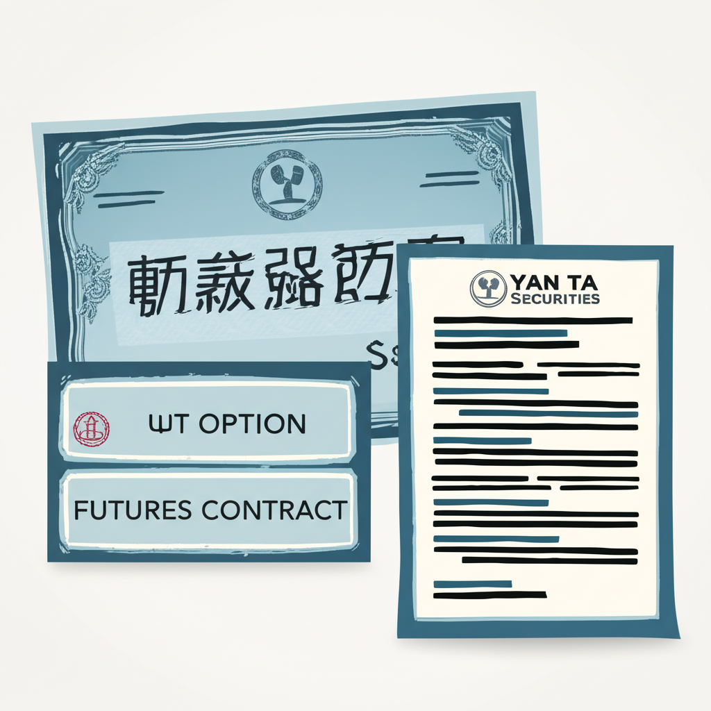 不同金融工具示意圖,包括股票憑證、看跌期權合約與期貨合約,強調元大證券借股放空策略