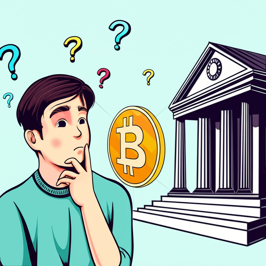 台灣民眾好奇看著比特幣圖示與銀行建築，象徵對銀行與加密貨幣關係的疑問