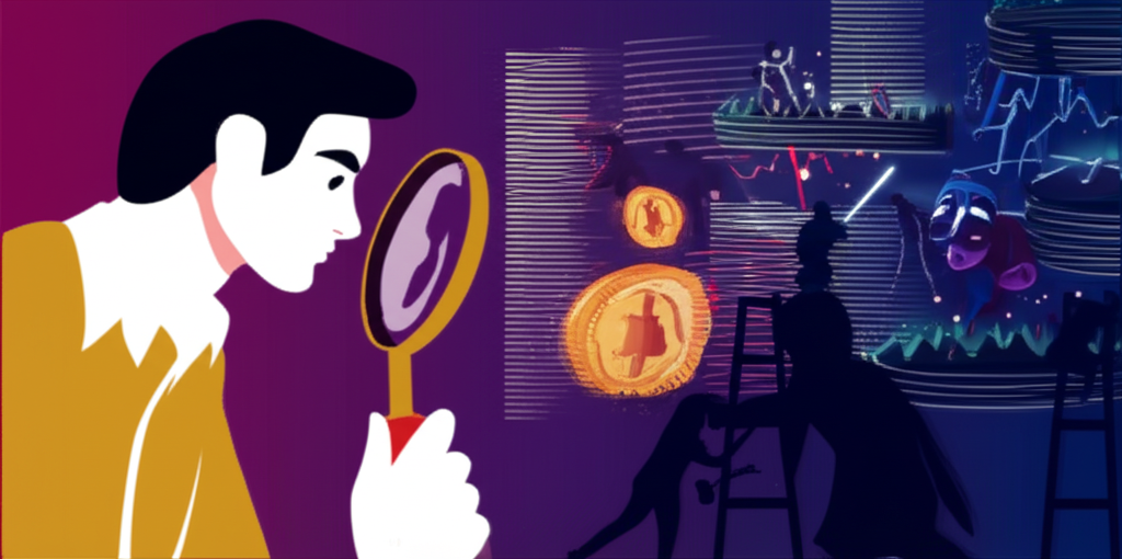 投資人手持放大鏡觀察黃金幣,背後陰影人物設下陷阱,象徵XAUUSD投資詐騙與金融欺騙