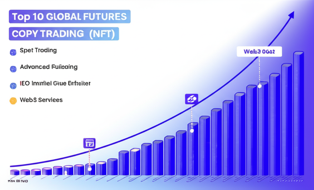 Gate.io 從現貨交易擴展至期貨、跟單、IEO、NFT與Web3服務的發展歷程示意圖，標示其全球排名前十的市場地位