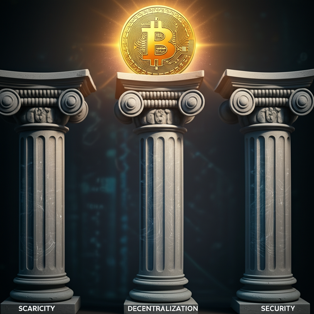 三根堅固支柱支撐著閃耀的比特幣標誌,每根支柱分別代表稀缺性、去中心化與安全性,錯綜的數位紋路穩穩托起這項數位資產