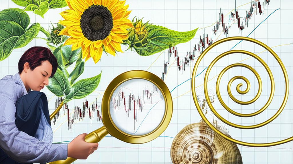 分析師用放大鏡檢視股票圖表,黃金比例螺旋從向日葵和貝殼延伸至圖表,象徵自然與市場行為的連結