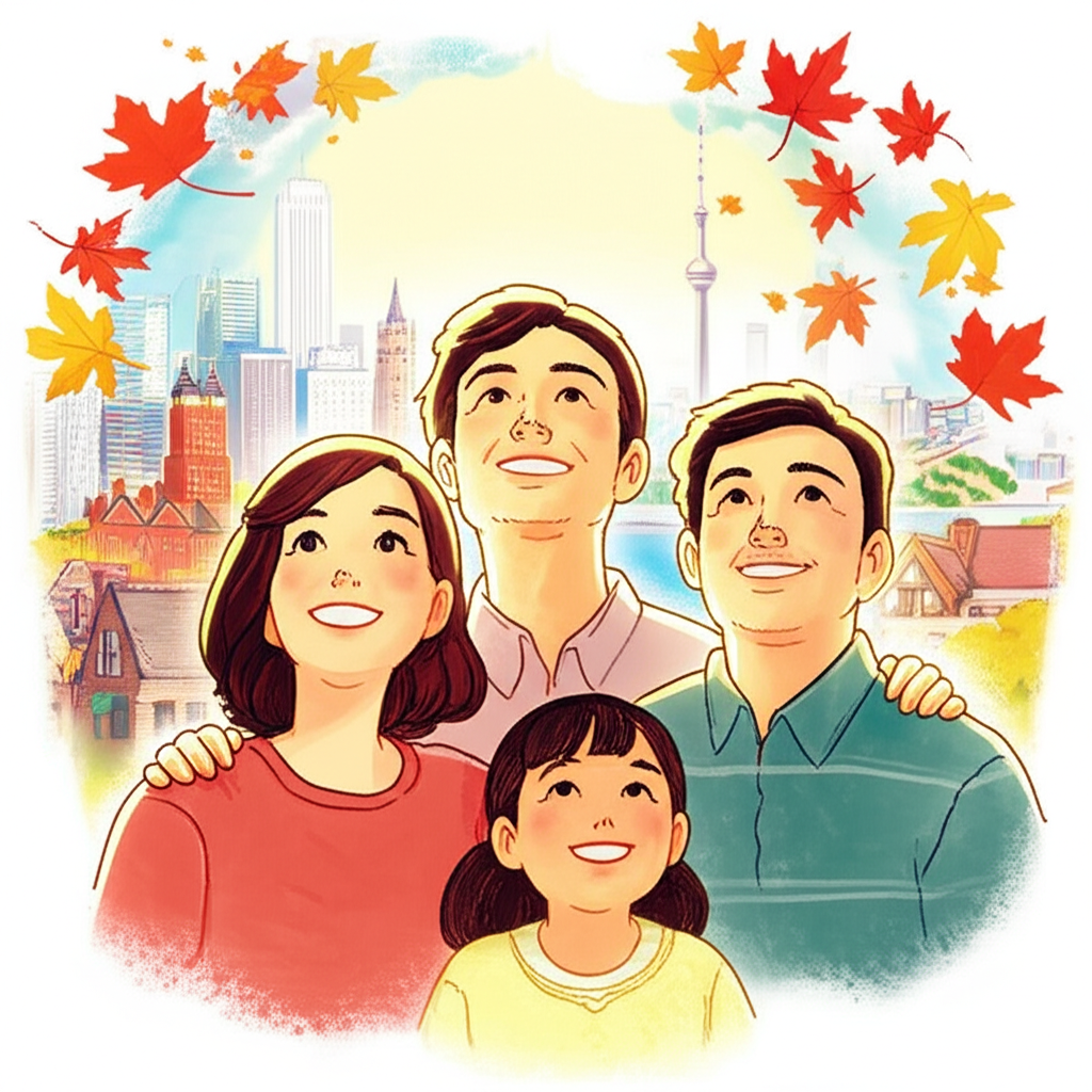 台灣家庭夢想移民加拿大,背景有楓葉與多元城市景觀,象徵嶄新未來與更好生活