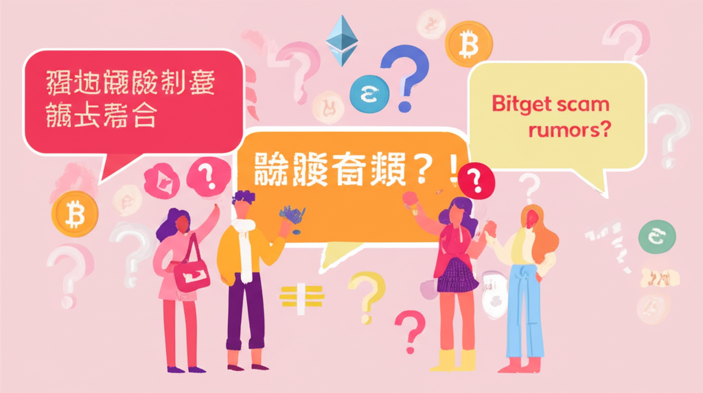 人們在 PTT 和 Dcard 討論 Bitget 詐騙疑雲的插圖,背景有問號和加密貨幣符號代表投資疑慮