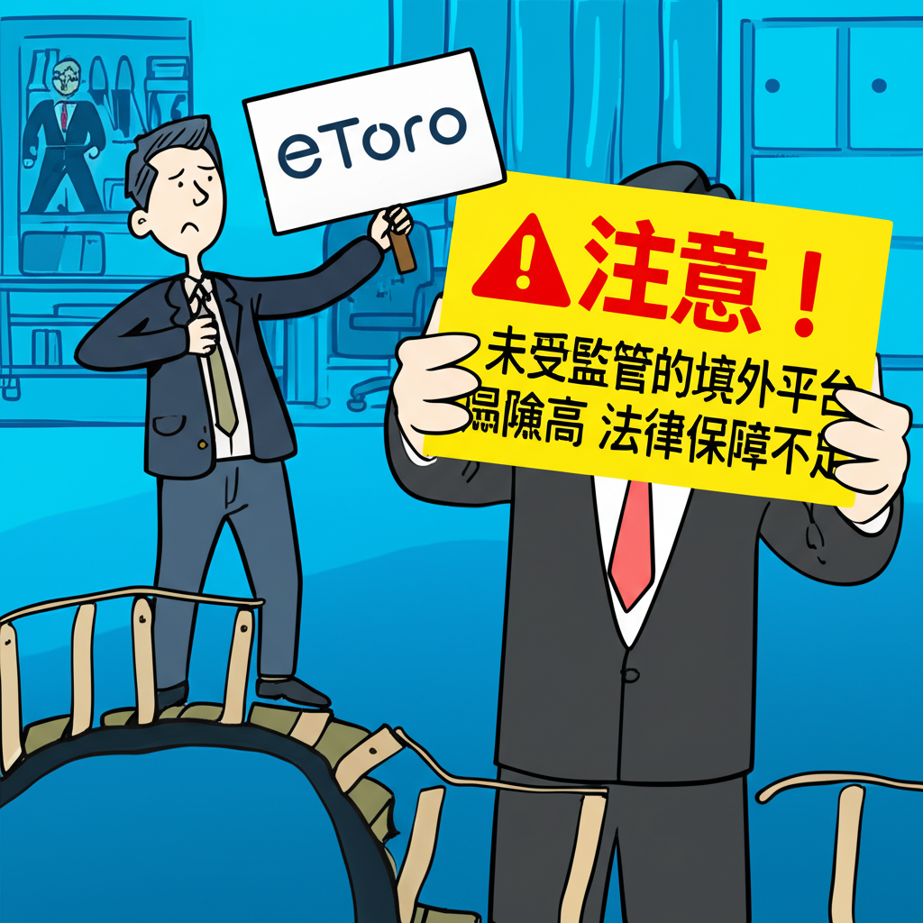 台灣投資者走在標示eToro的搖晃橋上，背景政府官員持警示牌的插圖，象徵法律灰色地帶與保護缺失