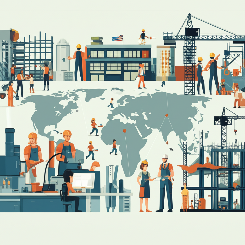 各種非農業工作場所如工廠、辦公室、醫院和建築工地,工作者忙碌身影,背景世界地圖顯示美國勞動市場變化對全球經濟的漣漪效應