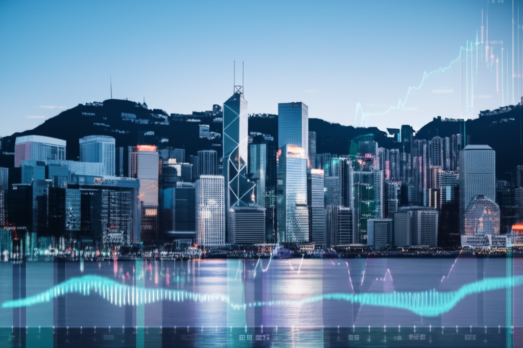 Hong Kong skyline with forex charts illustration