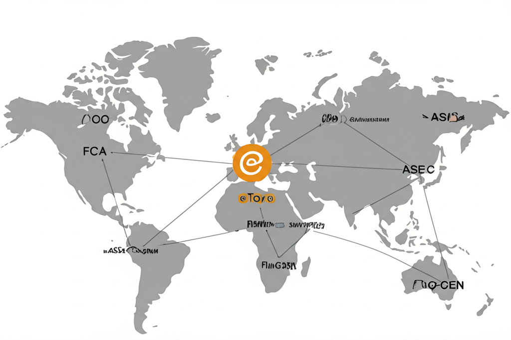 世界地圖上標示英國 FCA、塞浦路斯 CySEC、澳洲 ASIC 等金融監管機構標誌,並與 eToro 連結,展現其全球合規與投資人保障機制