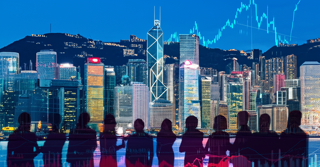 Hong Kong cityscape, forex charts, investors illustration