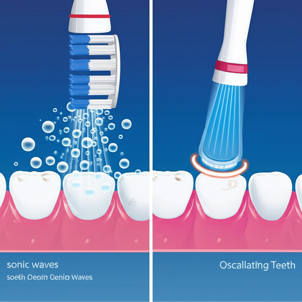illustration comparing a sonic toothbrush with gentle waves and bubbles reaching deep into teeth gaps versus an oscillating-rotating toothbrush with a small round head powerfully scrubbing individual teeth showing their distinct cleaning actions