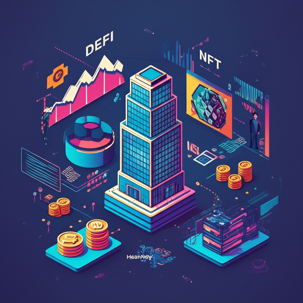 充滿活力的區塊鏈生態系統插圖,HashKey Capital為中心,周圍DeFi、NFT等項目